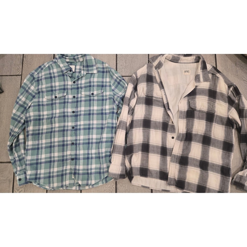 Lot of 2 American Eagle Mens Super Soft Flannel Plaid Shirts Large Teal Black